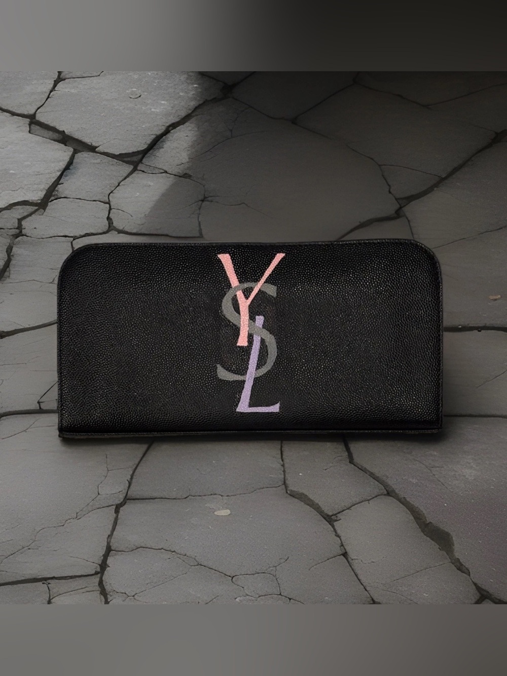 Saint Laurent Paris Zip Grain de Poudre Black Caviar Leather Wallet YSL Custom